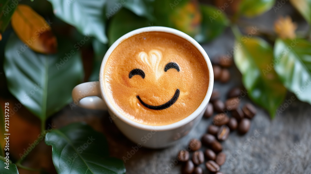 Cup of latte with smiling latte art coffee, hot coffee, Cappuccino art, woodtable background. coffee bean. green leaf. Generated AI Cup of latte with smiling latte art coffee, hot coffee, Cappuccino art, woodtable background. coffee bean. green leaf. Generated AI