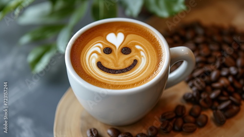 Cup of latte with smiling latte art coffee, hot coffee, Cappuccino art, woodtable background. coffee bean. green leaf. Generated AI