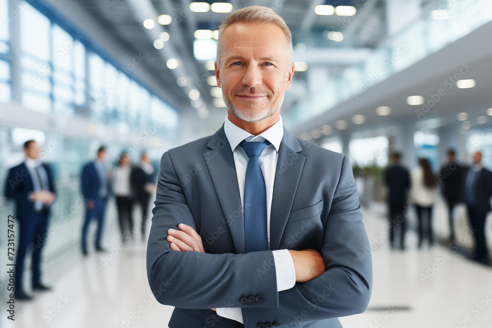 Happy proud prosperous mid aged mature professional business man ceo executive wearing suit standing in office arms crossed looking away thinking of success, leadership, side profile view Happy proud prosperous mid aged mature professional business man ceo executive wearing suit standing in office arms crossed looking away thinking of success, leadership, side profile view