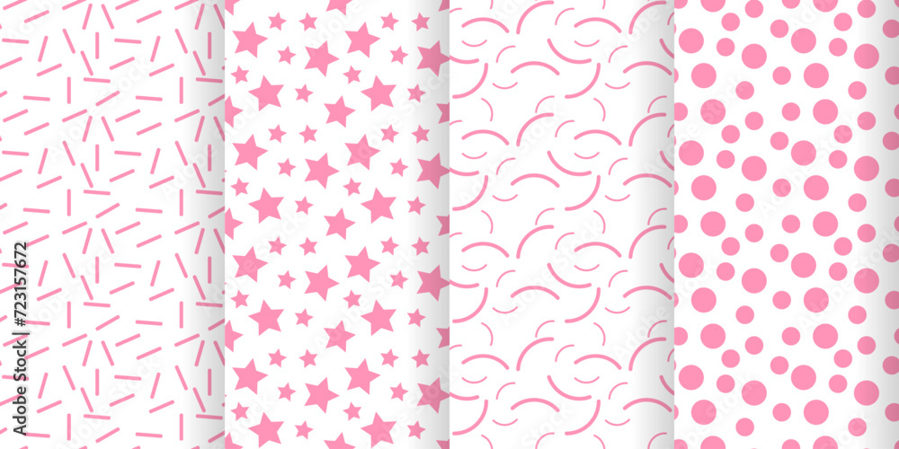 A set of simple seamless patterns with stars and dots in pink and white colors. Vector