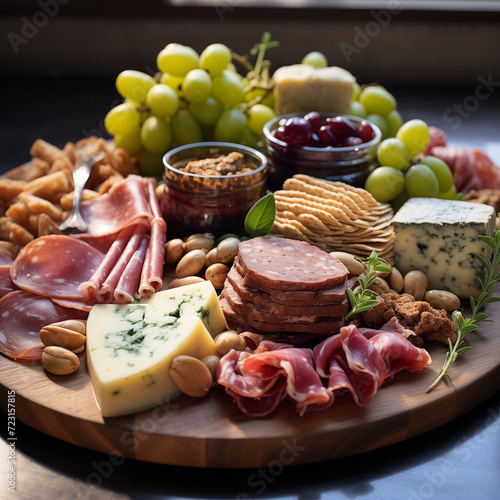 A gourmet Charcuterie Board, filled with exquisite cheeses, prosciutto, salami, olives green and black, grapes, figs, pistachio, walnut kernels, salted crackers