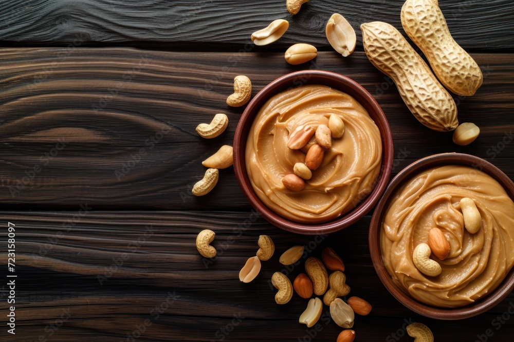 Top view of dark wood background showcasing two bowls of peanut butter and peanuts Top view of dark wood background showcasing two bowls of peanut butter and peanuts