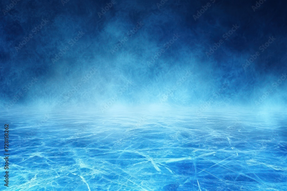 Blue icy backdrop for winter ice hockey stadium field glowing winter backdrop for montaging fresh products or Christmas presents