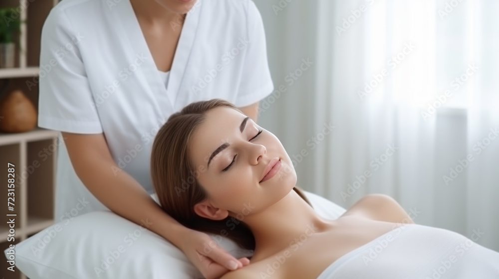 Obraz premium Peaceful Relaxation: Woman Receiving Gentle Head Massage