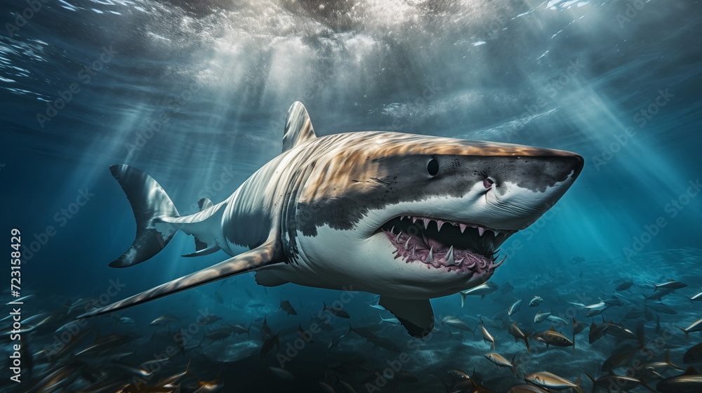 Fototapeta premium White shark open toothy dangerous mouth with many teeth.Clear water shark swims. Generated AI