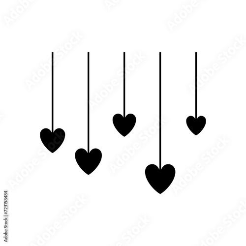 Hanging hearts icon. Black silhouette. Vertical front view. Vector simple flat graphic illustration. Isolated object on a white background. Isolate.