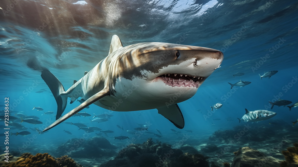 Obraz premium White shark open toothy dangerous mouth with many teeth.Clear water shark swims. Generated AI