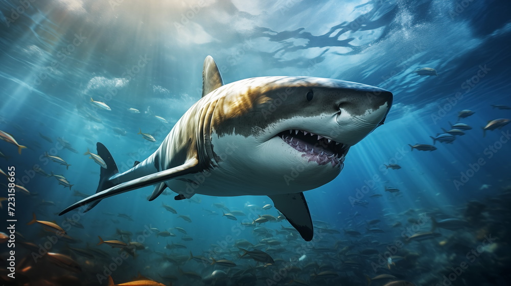 Fototapeta premium White shark open toothy dangerous mouth with many teeth.Clear water shark swims. Generated AI