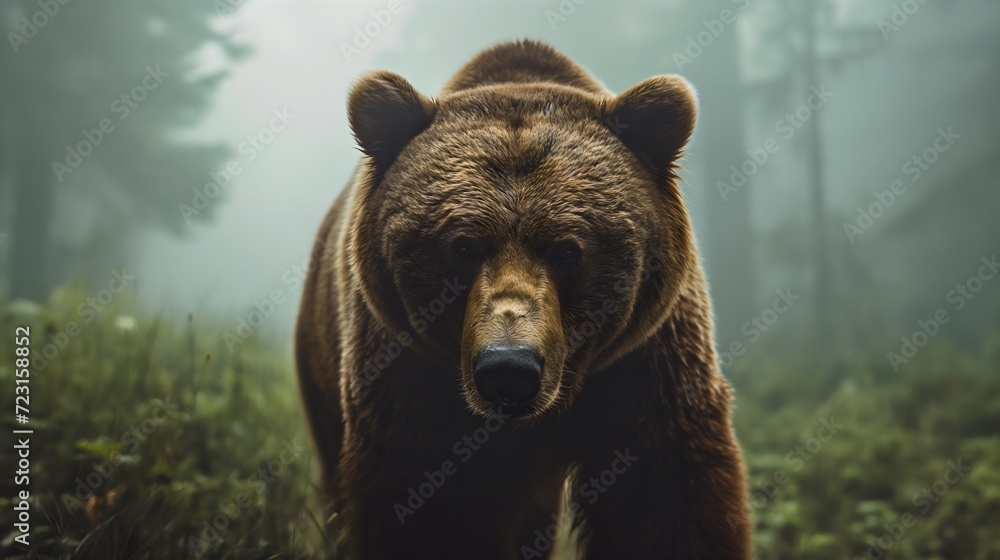Fototapeta premium One endangered and dangerous large furry brown grizzly bear or ursus, powerful mammal predator animal walking outdoors in forest wildlife, natural habitat, no people, surrounded by trees