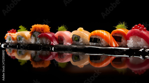 Side view of portion of Japanese sushi roll with caviar, avocado and salmon on top served on wooden board.