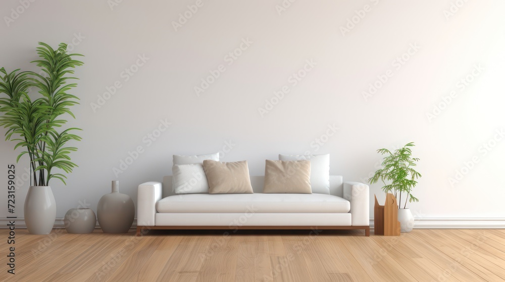 The interior modern design of the minimalist house, decorated with a comfortable white sofa, vinyl flooring, white wall space, light from the side windows. The interior modern design of the minimalist house, decorated with a comfortable white sofa, vinyl flooring, white wall space, light from the side windows.