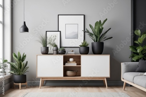modern scandinavian home interior with design wooden commode, plants in black pots, gray sofa, books and personal accessories photo
