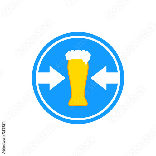Glass of beer and road sign with arrows. Vector drawing.