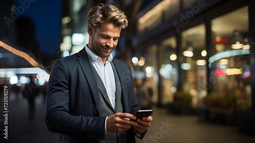 Handsome young businessman using mobile phone in the city at night