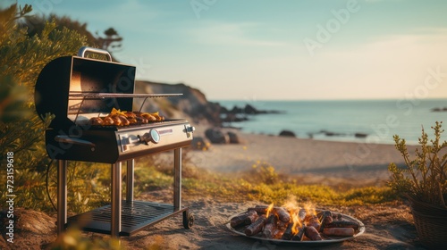 BBQ outdoor grill barbecue picnic recreation on the beach.	
