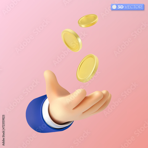 3d hand and Gold Coin Icons Set symbol. Rotating Empty Golden Money Sign. Income, Savings, Investment, Wealth. Business Success concept. 3D vector isolated illustration, Cartoon pastel Minimal style.