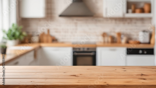 a wooden table top in a kitchen with white cabinets and a stove top oven in the background with a potted plant on the counter  a tilt shift photo  postminimalism .