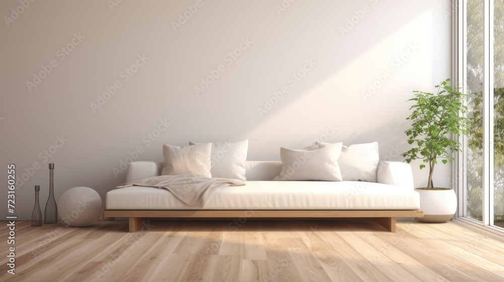 The interior modern design of the minimalist house, decorated with a comfortable white sofa, vinyl flooring, white wall space, light from the side windows. The interior modern design of the minimalist house, decorated with a comfortable white sofa, vinyl flooring, white wall space, light from the side windows.
