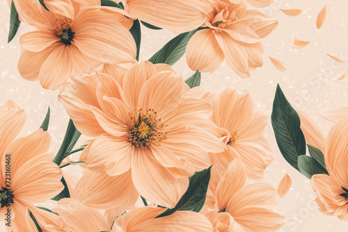 Seamless peach fuzz color flowers illustration pattern. Wedding wallpaper design. Generative ai
