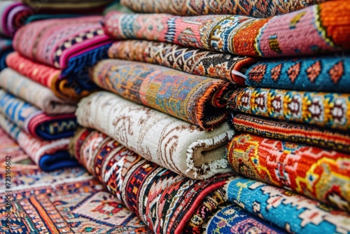 Assorted stunning oriental carpets at a traditional Middle Eastern store Array of handmade vibrant carpets in Middle Eastern market Close up of colorful carpets photo