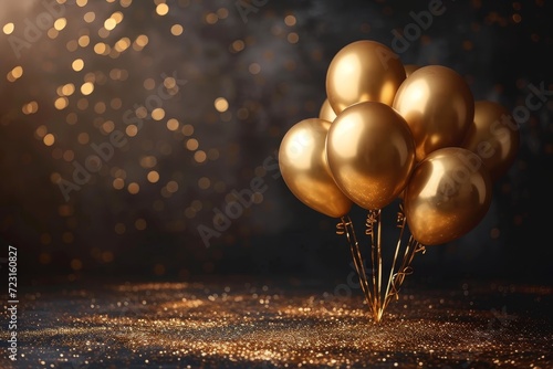 A group of shimmering gold spheres float in the air, their light reflecting off each other like tiny suns, bringing a sense of whimsy and celebration to the room photo