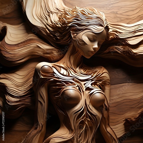 3d rendering of a female figure with golden hair on a wooden background, wood craft women portrait