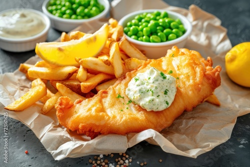 British fish and chips with mashed peas tartar sauce on crumpled paper
