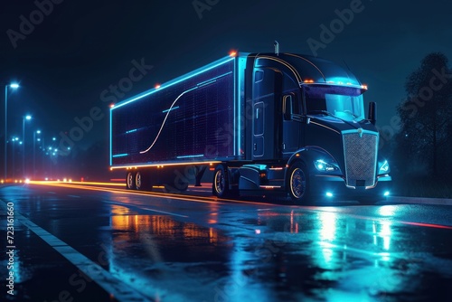Self driving semi truck with cargo trailer uses night vision sensors to scan surroundings and digitalizes freeway photo