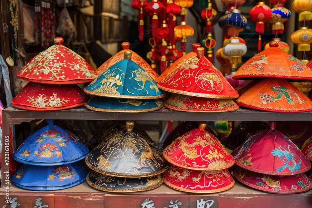 Colorful traditional Chinese hats are stacked in front of the shop Colorful traditional Chinese hats are stacked in front of the shop