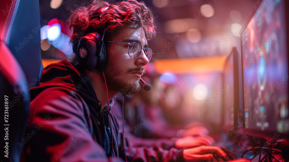 Teenager playing strategy video game online inside gaming room. E-sport, technology concept. Ai generative Teenager playing strategy video game online inside gaming room. E-sport, technology concept. Ai generative