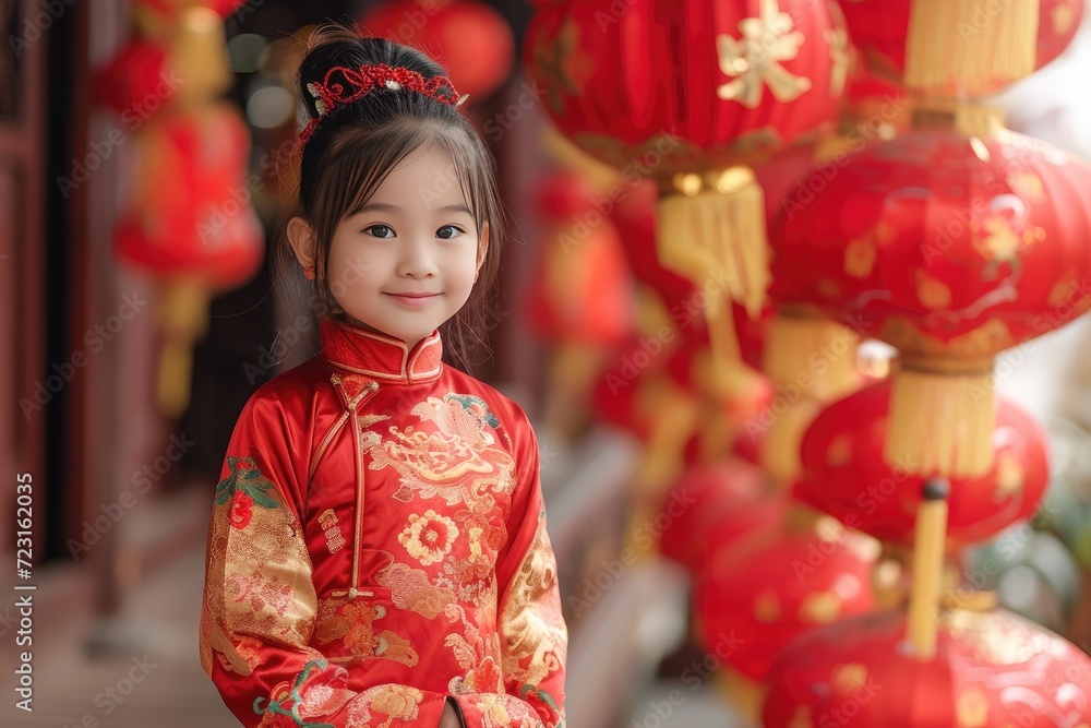 Girl wearing Chinese Tang Suit standing next to Chinese lantern