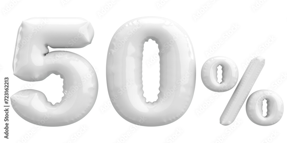 Fifty percent. 50% balloon text. 3D illustration. Fifty percent. 50% balloon text. 3D illustration.