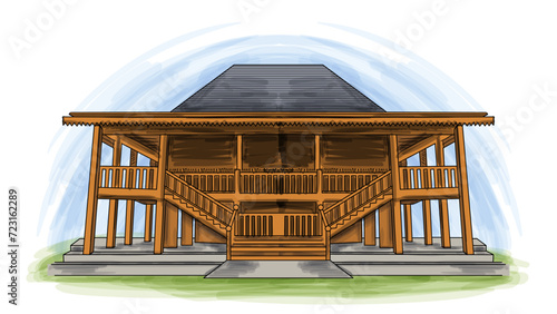 Rumah Limas Traditional South Sumatera Indonesia House Cartoon Hand Drawn Illustration