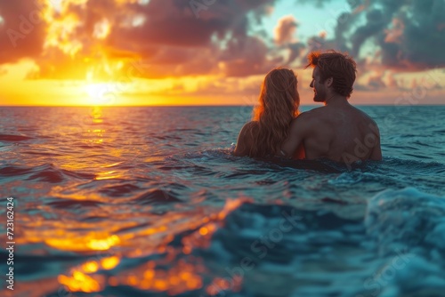 As the sun sets over the ocean, a man and woman wade through the cool waters, their silhouettes reflected in the calm, rippling surface as they embrace under the colorful sky