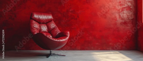 Red Chair, Leather Seat, Chair in Red Wall, Modern Leather Chair.  generative ai photo