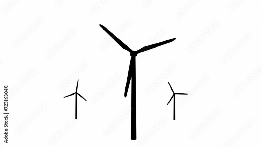 Silhouettes of windmills on a white background. Shot of many wind turbines with blades in field. Silhouettes of windmills on a white background. Shot of many wind turbines with blades in field.
