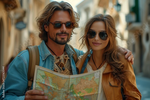 A couple's adventurous spirits are captured in a photo, as they excitedly plan their journey with the help of a map while sporting trendy eyewear and bright smiles on a sunny street