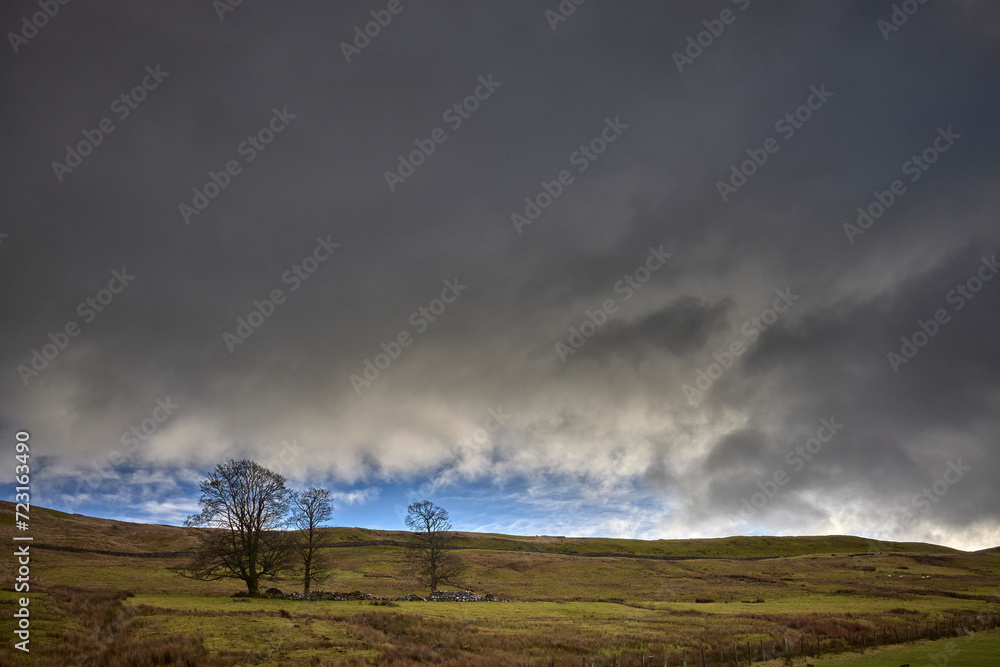 Heavy and stormy skies looking east to Gammersgill Moor from the single track road from West Burton to Walden