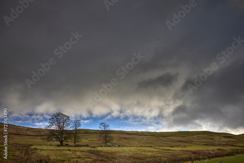 Heavy and stormy skies looking east to Gammersgill Moor from the single track road from West Burton to Walden