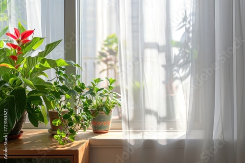 Green indoor plants by the window with a sheer white curtain