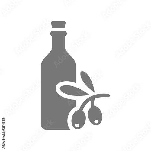 Olive oil bottle vector icon. Olives branch symbol.