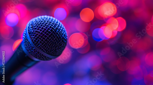Microphone, close up. Microphone, close up shot, neon blue color palette. Microphone on blurred club background with copy space. Banner template for karaoke club.