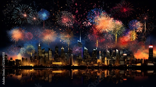 City Celebration: Spectacular Fireworks Display over Urban Skyline