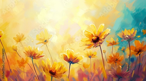 Yellow daisy flowers on abstract watercolor painting background © Олег Фадеев