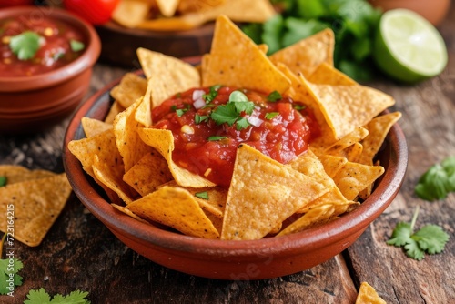Mexican corn chips topped with salsa dip