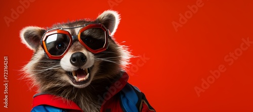 Close up portrait of a raccoon in a superman costume wearing glasses photo