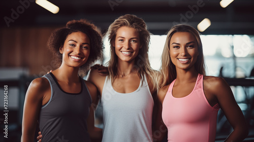 Group of three beautiful healthy and fit multiracial women looking at the camera after a training 