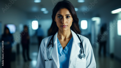 portrait of a female doctor with stethoscope at hospital with blurred background - medicine and healthcare concept