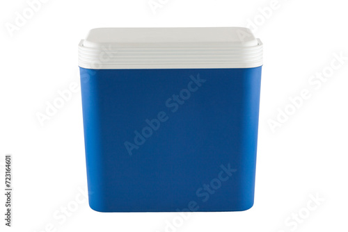 Closed blue plastic cooler isolated on white background