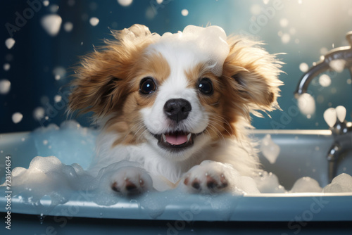 Adorable happy fluffy puppy enjoying a bubble bath in blue bathroom, for dog grooming salons and pet washing and hygiene concept © salarko